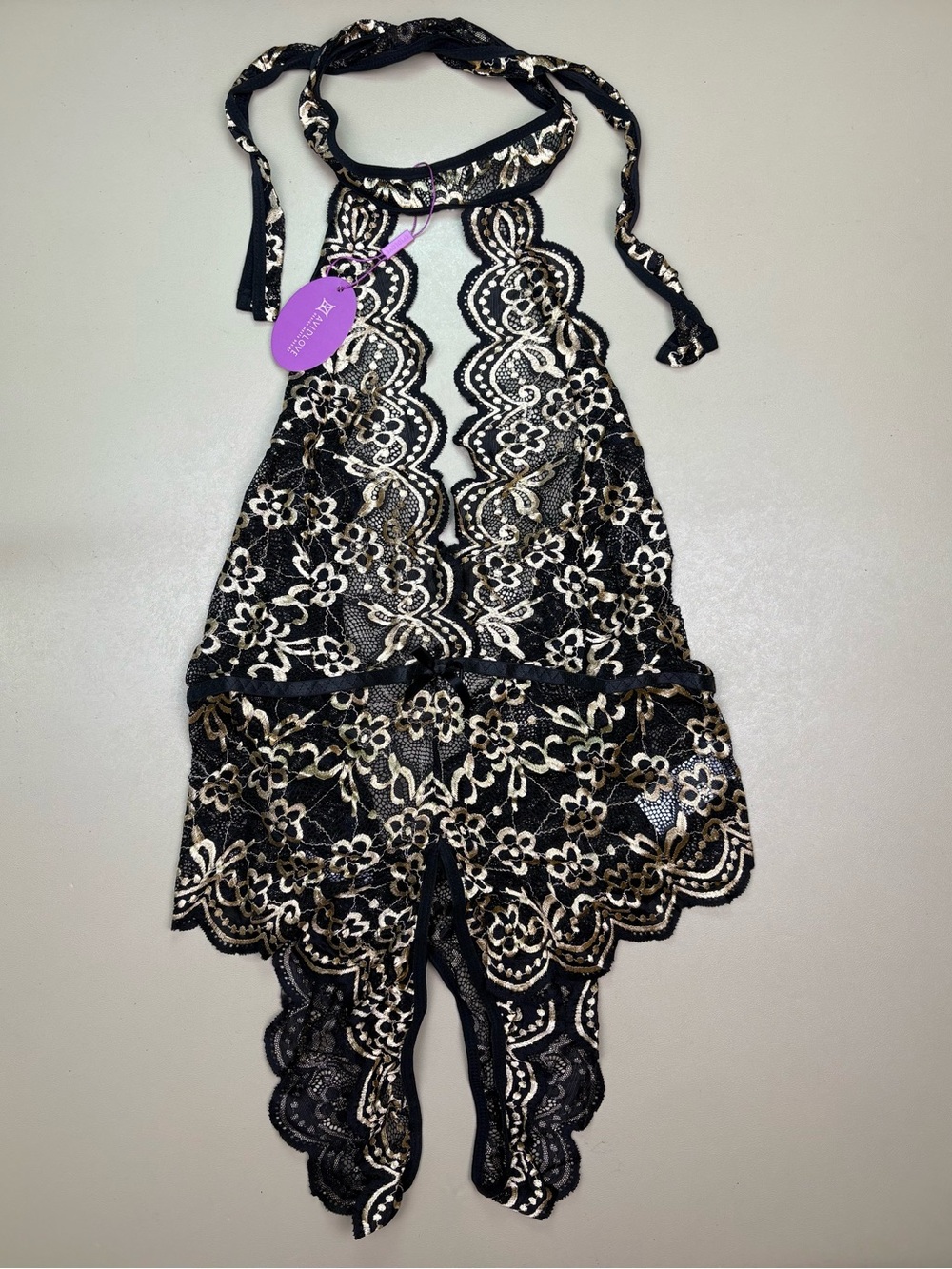 Avidlove Lace Teddy Bodysuit Black Gold Halter Cutout Lingerie 18W NWT